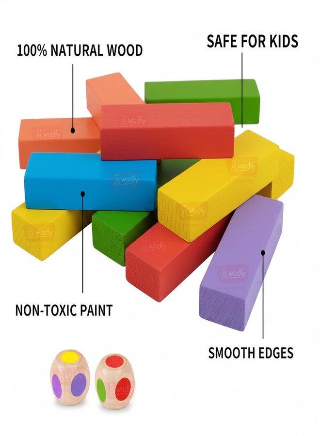 WUDLY® Colorful Wooden Stacking Tower Game for Kids & Adults - Montessori Tumbling Blocks with Dice - Educational Fun Toy for Family & Party (Color) - Image 4